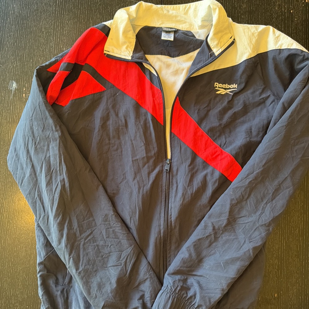 Reebok Colorblock Windbreaker Jacket Mens XL Navy Red Cream Full Zip (F)